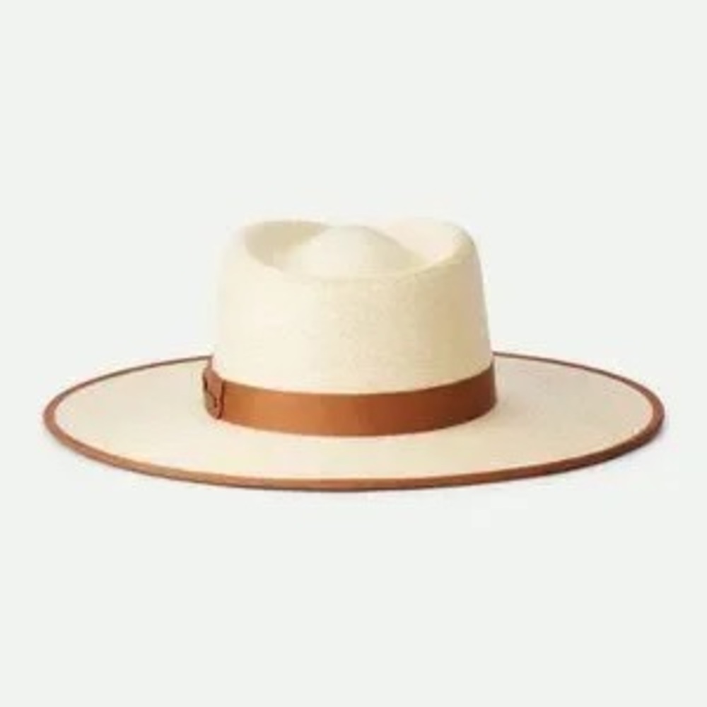 Wide-Brim Brixton Jo Straw Rancher Hat - Natural with Brown Trim - Size S